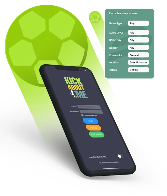 KickAbout.Me App with find a team, find a game search feature